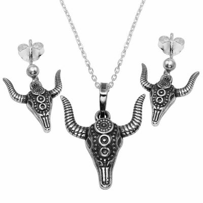 Western Bull Skull Necklace & Earrings Set Sterling Silver jewelry for women | VANDA Jewelry.